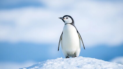Fototapeta premium A young penguin stands on a snowdrift against a pale blue sky. Its white and black plumage is clearly visible. The scene is peaceful and serene. 