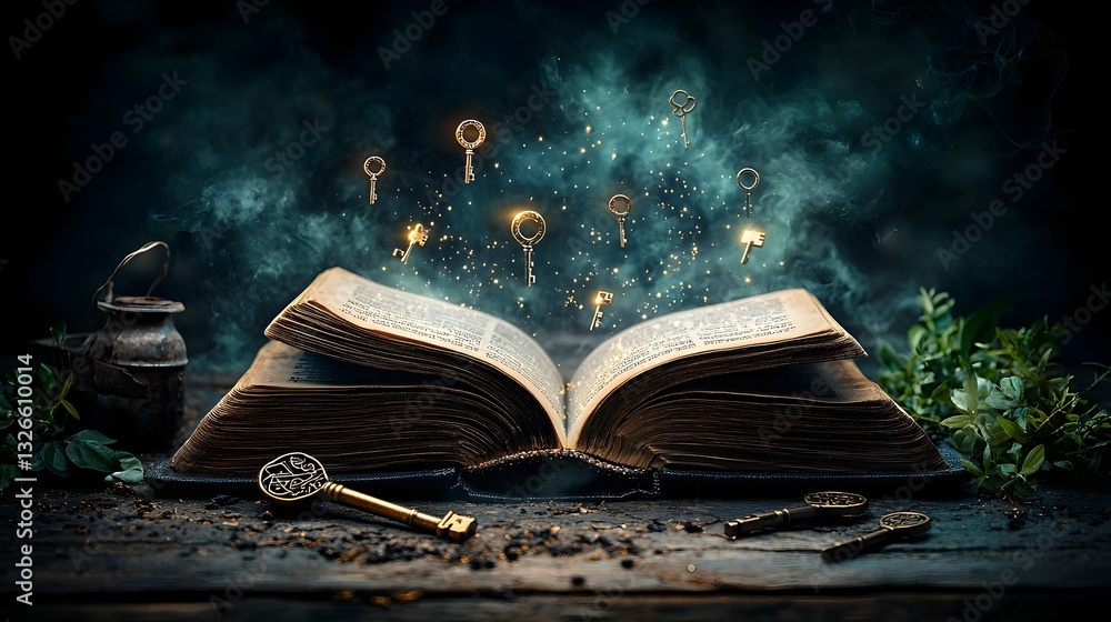 Poster unlocking the secrets of the digital tome an open book revealing floating encrypted symbols glowing 