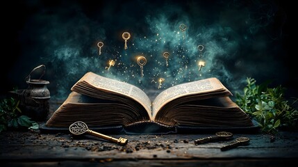 Unlocking the Secrets of the Digital Tome   An open book revealing floating encrypted symbols glowing keys unlocking hidden messages and digital runes forming a secret code