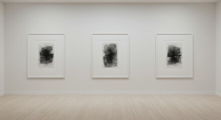 Fototapeta premium Gallery Wall: Symmetrical Abstract Triptych - Three identical abstract artworks in white frames create a balanced, minimalist gallery display. Symbolizing serenity, contemplation, balance, unity