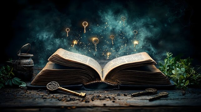 Unlocking the Secrets of the Digital Tome   An open book revealing floating encrypted symbols glowing keys unlocking hidden messages and digital runes forming a secret code