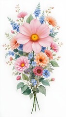 Fototapeta premium Watercolor Flower Bouquet Illustration with Pink and Blue Blooms for Spring Decor