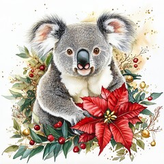 Koala surrounded by holiday decorations and a vibrant poinsettia plant in a festive arrangement