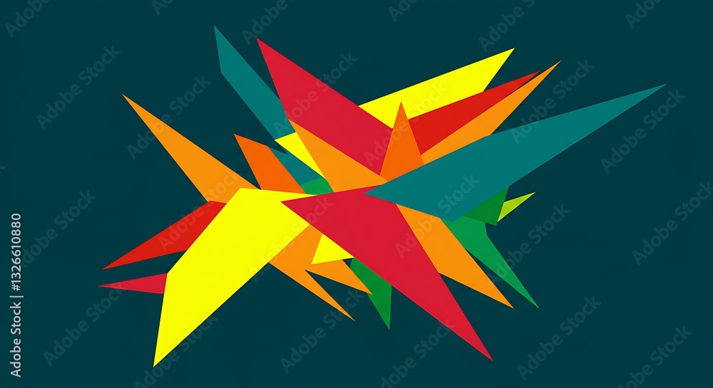 Poster colorful abstract geometric composition with sharp triangles on dark teal background