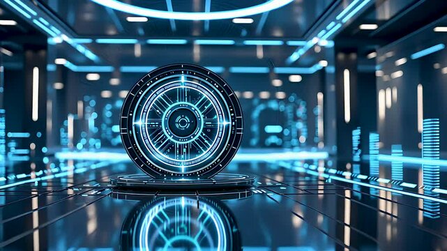 Futuristic high-tech security vault with glowing blue circular interface and cyber protection technology
