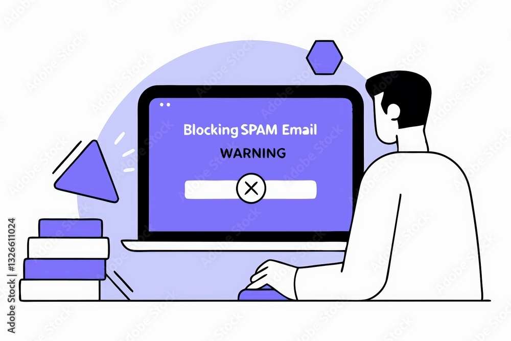 Poster a person sits at a laptop, focusing on a screen displaying a warning about blocking spam email, surr