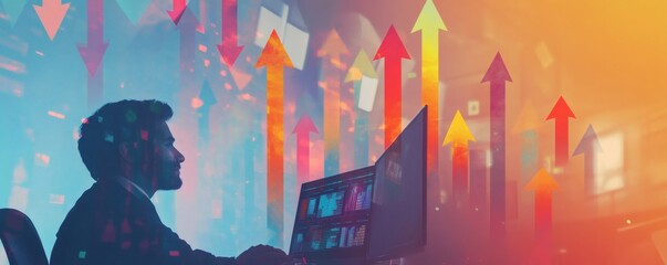 A businessperson analyses financial data with rising and falling indicators