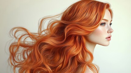 Profile Of A Young Woman With Red Flowing Hair Against A White Background
