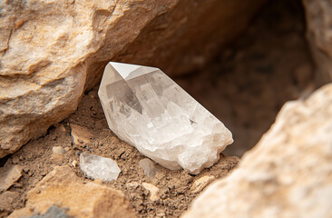 Close-up of an unpolished, clear quartz crystal lying naturally in a rock crevice