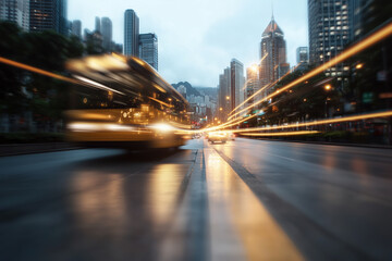 Naklejka premium dynamic urban scene showcasing busy street with blurred motion of vehicles, illuminated skyscrapers, and moody atmosphere
