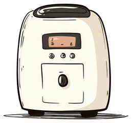 A cartoon rendering of a small white kitchen appliance is shown