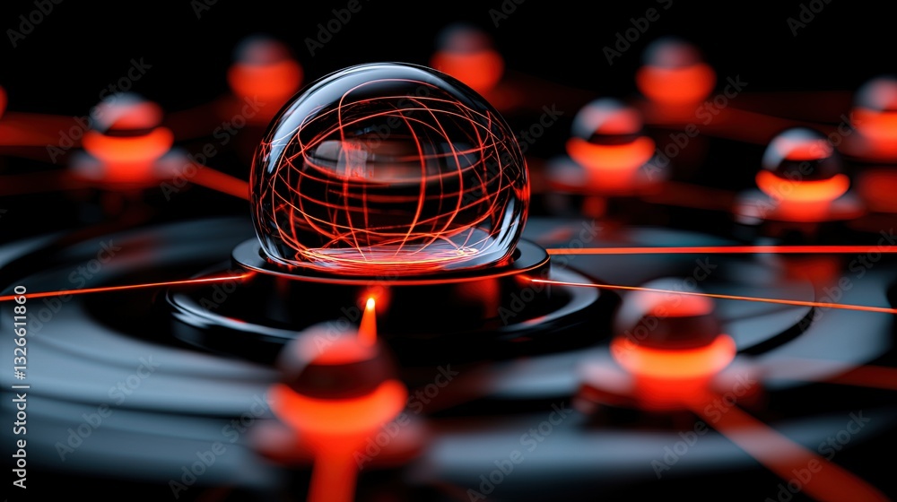 Poster abstract sphere and red lines creating a futuristic network on a black surface in a digital environm