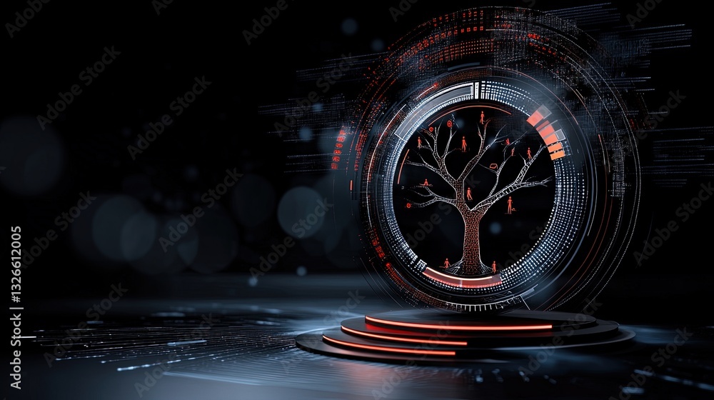 Poster abstract digital art depicting a glowing tree within a circular interface, symbolizing technology, n