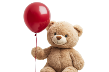 Cute teddy bear holding a red balloon with clear background
