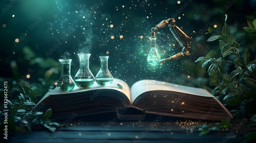 Aufkleber a photograph of an open book revealing a futuristic science lab complete with holographic beakers le