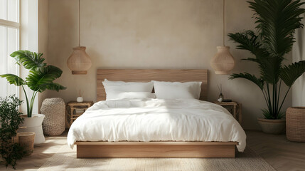 King-Size Bed in Light Boho-Style Bedroom with Tropical Plant