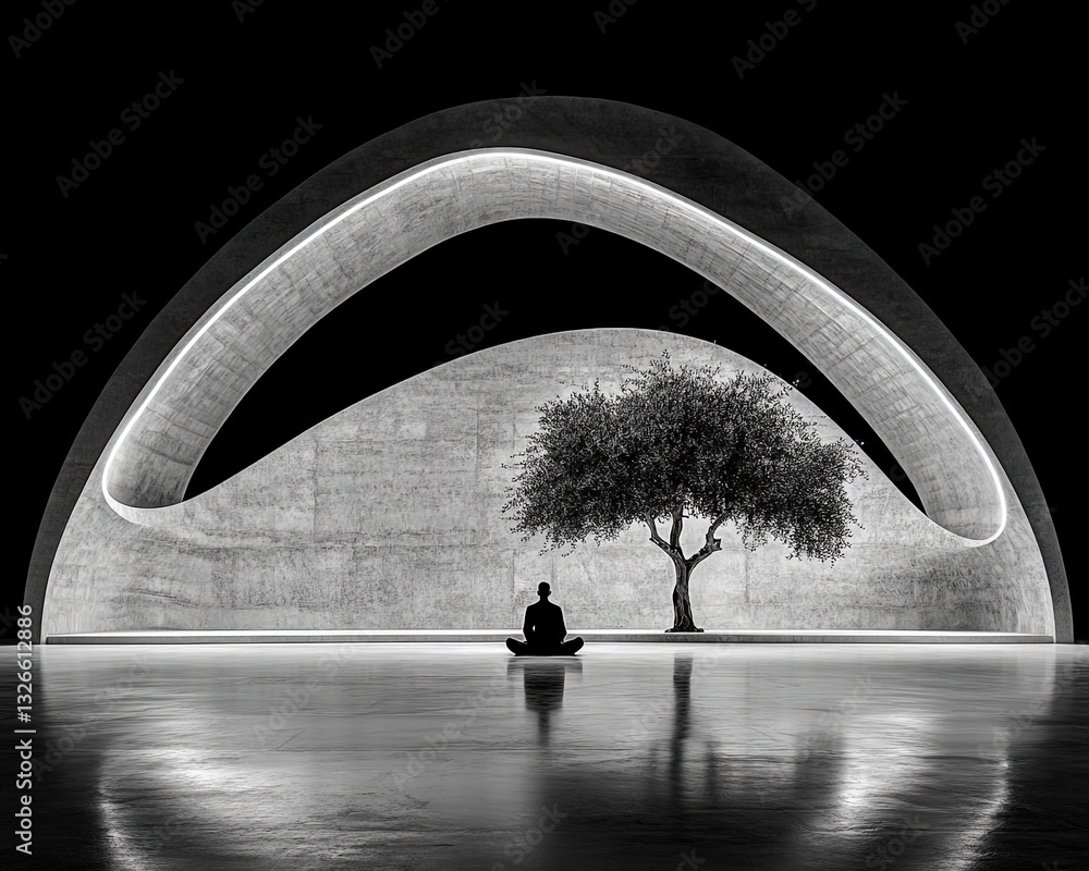 Aufkleber serene meditation space with minimalist architecture and solitary tree in monochrome lighting for ca