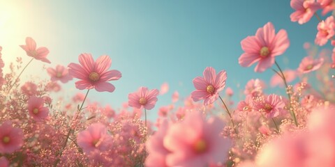 Vibrant pink flowers bloom under the clear blue sky in a sunlit field during the warm afternoon
