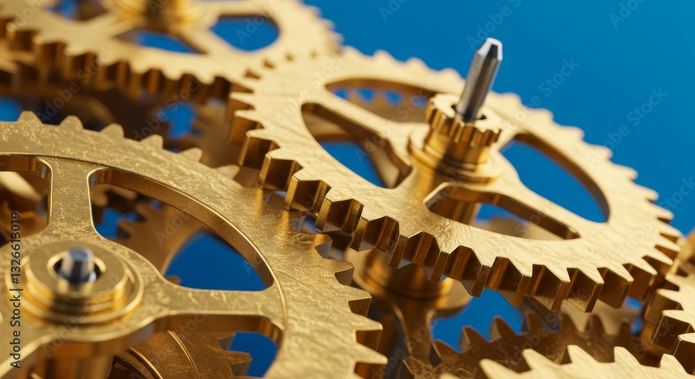 Poster golden gears precision engineering close up - intricate golden gears meshing, symbolizing precision,