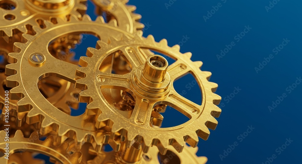 Poster golden gears interlocking mechanism - close-up of intricate golden gears intermeshing against a deep