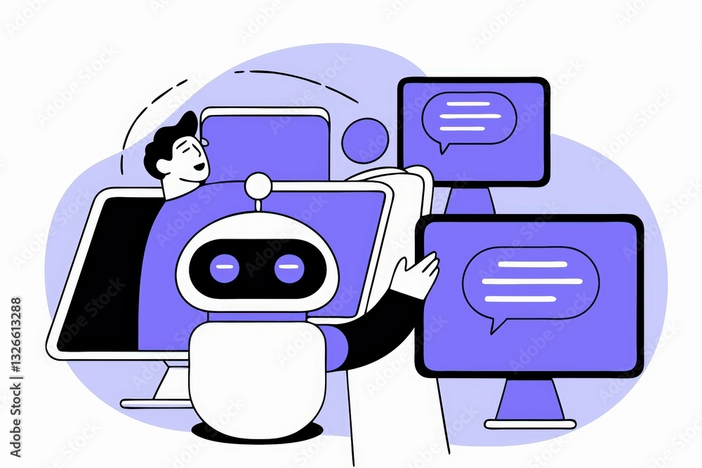 Poster a digital illustration of a robot interacting with a person in front of multiple computer screens, s