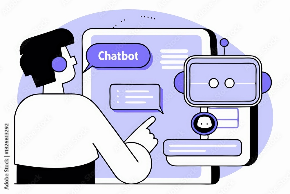Poster a person interacts with a chatbot interface, showcasing digital communication and modern technology 