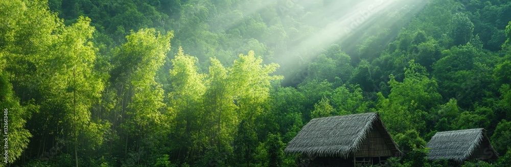 Poster a serene forest scene with rays of sunlight filtering through lush green trees and rustic huts nestl