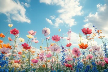 Fototapeta premium Vibrant wildflowers stretch towards a bright blue sky under soft, fluffy clouds on a sunny day in full bloom