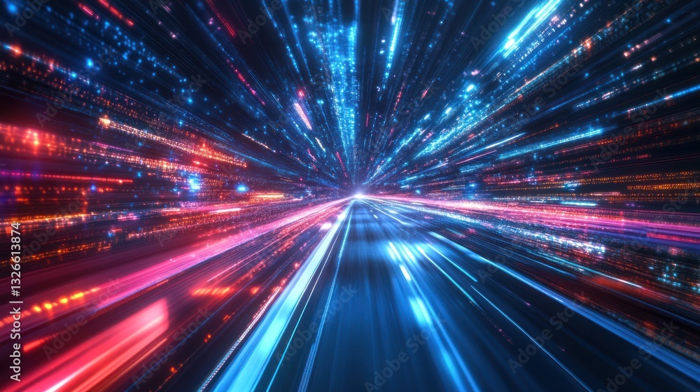 Poster a dynamic burst of colorful light trails representing speed and innovation in a futuristic environme