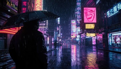 Obraz premium A person with an umbrella walks down a neon lit street during rain