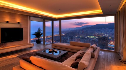 Fototapeta premium Modern luxury living room with city view at sunset