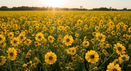 Golden Sunlit Meadow: Bees and Blossoms - Vibrant yellow flowers, busy bees, warm sunlight, nature's beauty, pollination. Symbolizing life, growth, abundance, harmony, and renewal