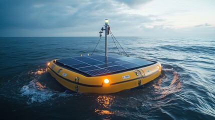Innovative solar-powered buoy technology for ocean monitoring marine environment aerial view renewable energy concept