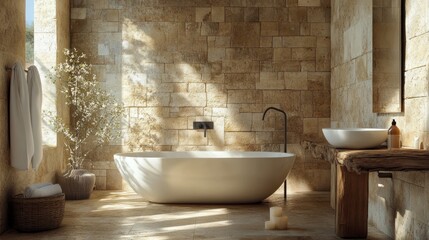 A sophisticated modern bathroom with a freestanding bathtub, stone tile walls, and soft wooden decor. Sunlight brightens the serene setting