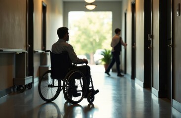 Wheelchair user navigating a modern hallway while a person walks by