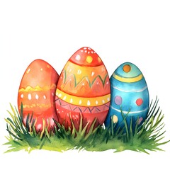 Three distinctively painted easter eggs displaying unique patterns and colors isolated on a clean white background