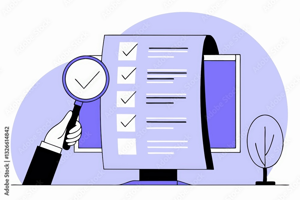 Poster a hand holds a magnifying glass over a checklist in front of a computer monitor, symbolizing inspect