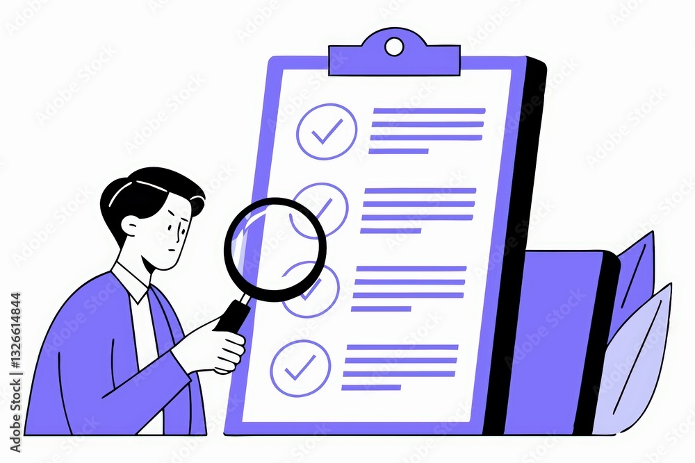 Poster a person examines a checklist with a magnifying glass, emphasizing attention to detail and organizat