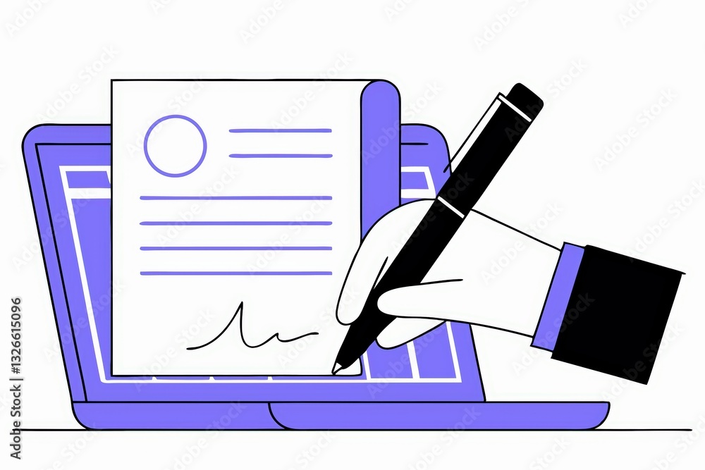 Poster a hand is writing on a document while using a laptop, symbolizing digital documentation and work pro