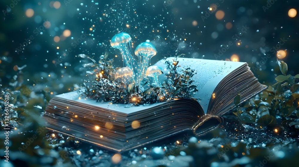 Poster a photograph of an open book with a portal to an underwater world featuring luminous jellyfish myste