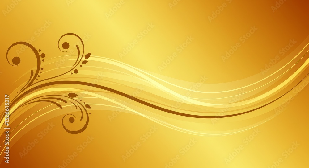 Poster golden waves abstract background - elegant golden abstract background with flowing waves and a flora