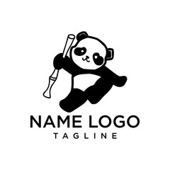 cute panda logo in sitting position holding bamboo