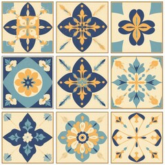 Nine Vintage Floral Tile Patterns Blue Yellow Cream Seamless Design Textures