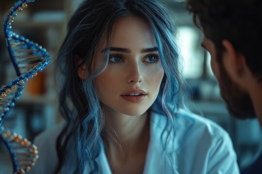 Female Scientist Explains DNA Model in Brightly Lit Laboratory During Genetic Consultation