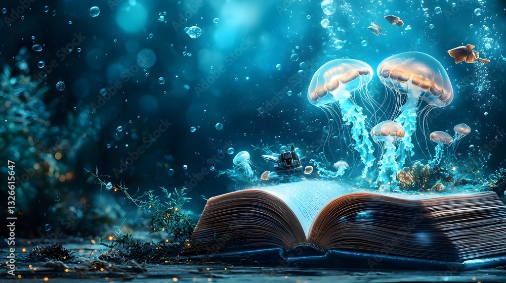 Poster captivating image of an open book revealing a portal to an underwater world teeming with luminous je