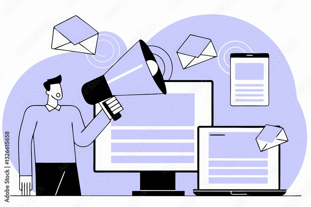 Poster A person is using a megaphone to communicate messages displayed on computer screens while digital envelopes signify message delivery.