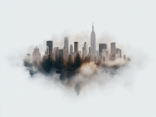 Fototapeta premium Dramatic skyline featuring towering skyscrapers and misty atmosphere, showcasing blend of urban architecture and nature beauty