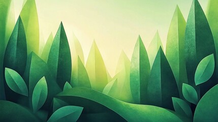 Surreal Abstract Green Landscape with Geometric Leaves and Soft Lighting