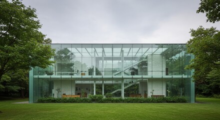 Green Glass House Design Amidst Nature - Modern architecture, glass structure, nature integration, serene landscape, transparent design. Symbolizing openness, connection, harmony, tranquility