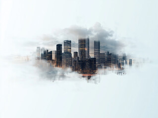 Dramatic futuristic skyline with towering skyscrapers emerging from clouds, showcasing blend of modern architecture and ethereal atmosphere